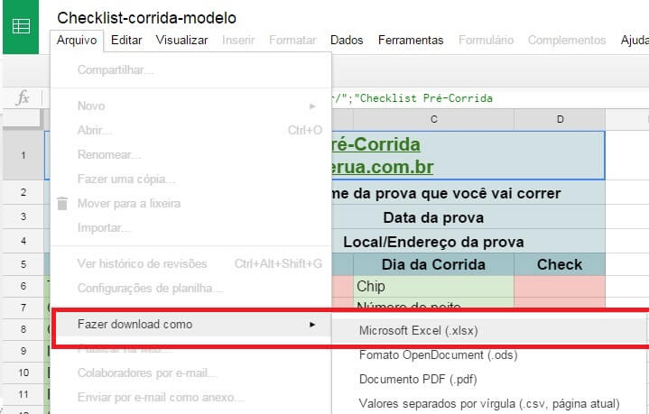 fazer o download do checklist corrida 