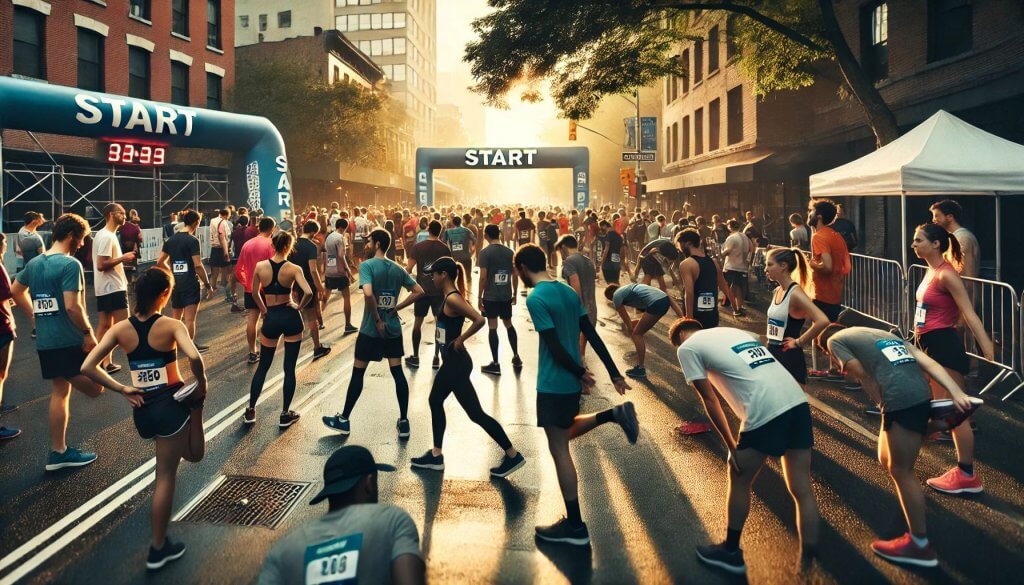 Largada e aquecimento para prova de corrida de rua